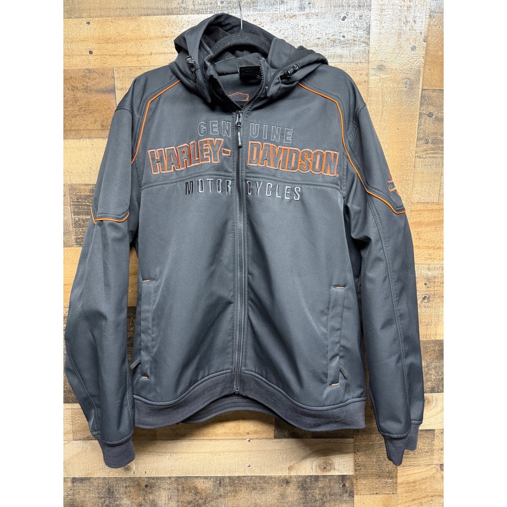 Harley-Davidson Mens XL Softshell Hooded Jacket Black Orange Embroidered Logo